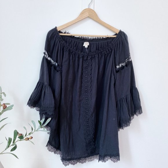 SURF GYPSY | BLACK GAUZE CROTCHET KIMONO DRESS MINI | OFF SHOULDER | M - Picture 2 of 6